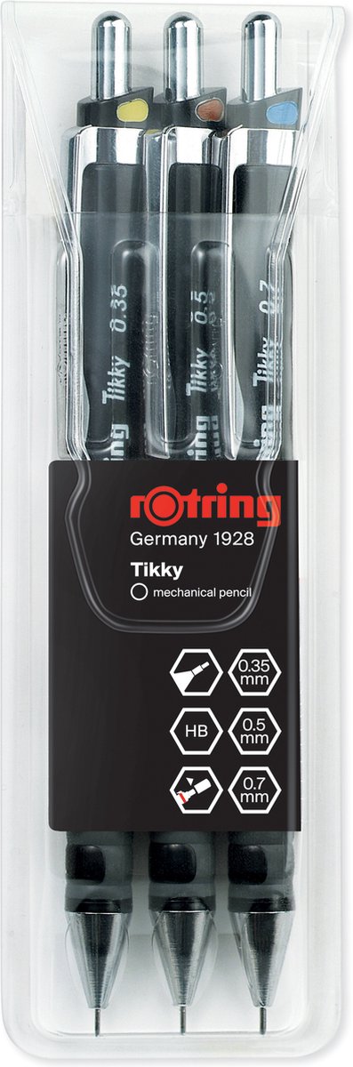 Rotring tikky-vulpotlood - zwarte cilider - 3-delige set - 0,35 mm - 0,5 mm - 0,7 mm