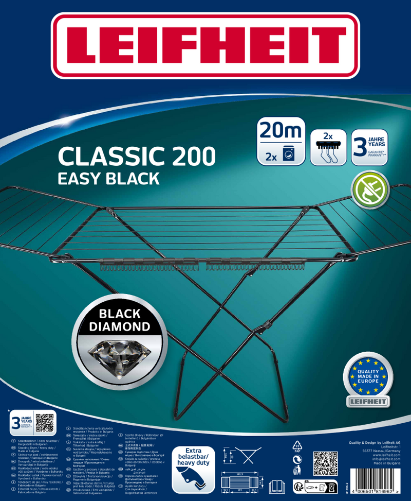 Afbeelding laden in galerijviewer, Leifheit classic droogrek - 200 easy - 20 mtr drooglengte - zwart
