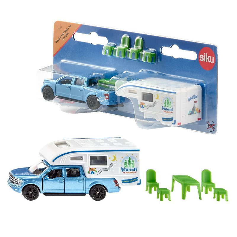 Afbeelding laden in galerijviewer, Siku 1693, ford f150 pick-up camper,blauw 7-delig, metaal kunststof
