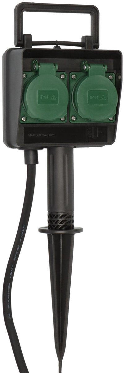Brennenstuhl tuincontactdoos buitencontactdoos 2-voudig op spies (weerbestendige kunststof, tuinstekkerdoos met waterdichte behuizing, 1,4m kabel) zwart