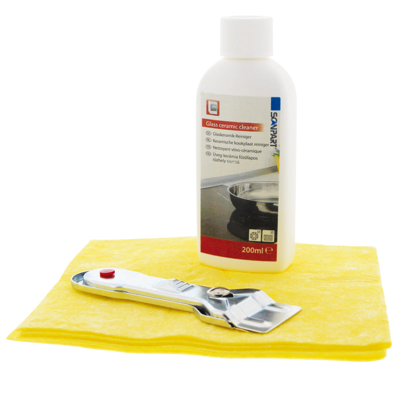 Afbeelding laden in galerijviewer, Scanpart kookplaat onderhoudsset - voor alle glazen kookplaten - zoals keramische inductie en halogeen kookplaten - inclusief reiniger 200 ml - schraper en doekje
