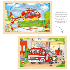 Goki houten legpuzzel - heli en brandweerwagen - 24st.