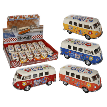 Volkswagen vw model t1 auto busje - hippie style - geel - 12 cm - terugtrek motor