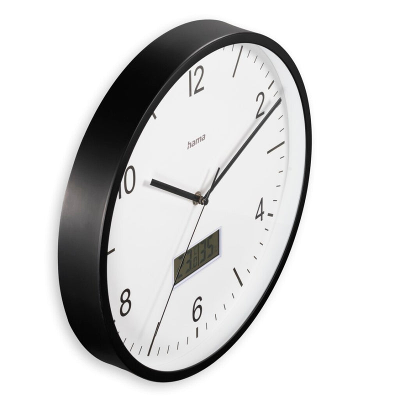Afbeelding laden in galerijviewer, Hama dcf wandklok lanzarote tikt niet + thermometer en hygrometer 35 cm zwart wit
