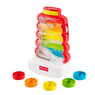 Fisher-price rollende ringen in wiebelende stapeltoren