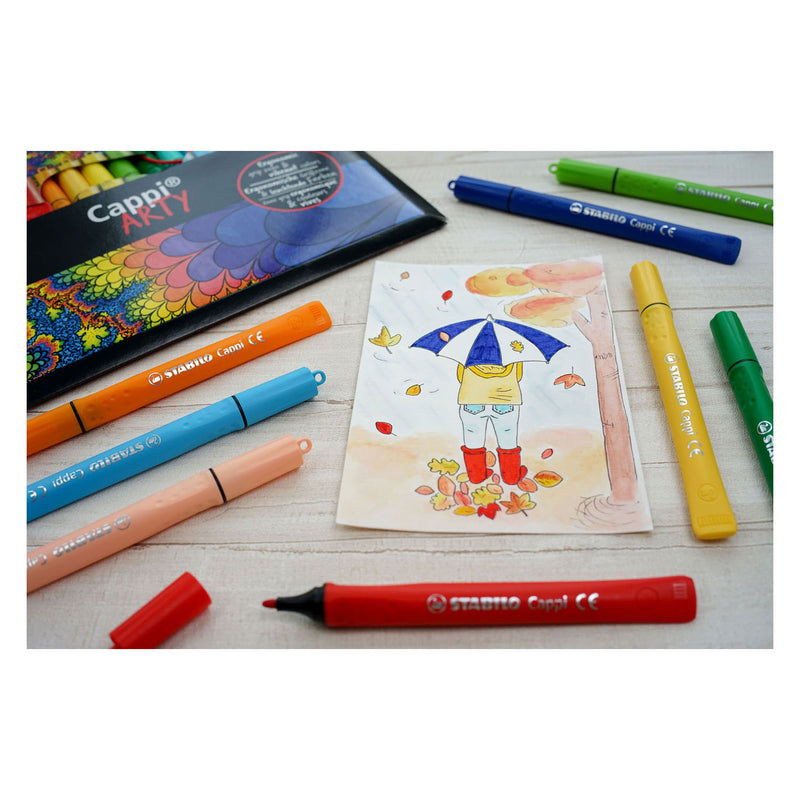 Afbeelding laden in galerijviewer, Stabilo cappi - viltstift - nooit meer je dop kwijt dankzij de dopring - arty etui met 18 kleuren
