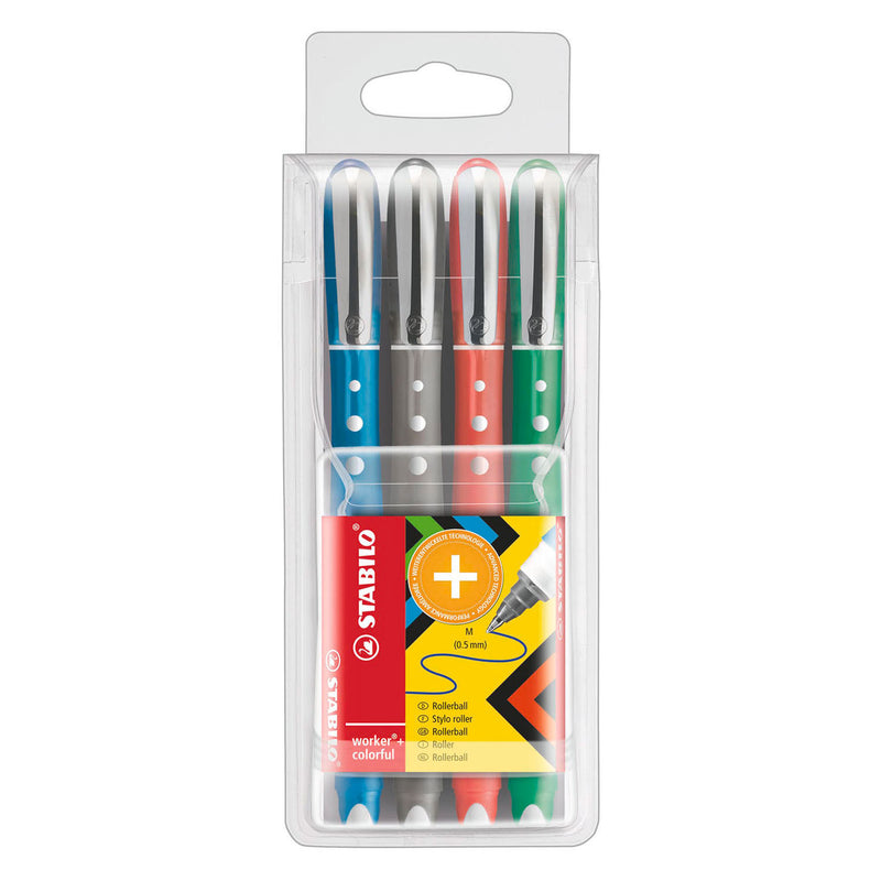 Afbeelding laden in galerijviewer, Stabilo worker+ colorful - rollerbal pen 0.5 mm - zwart, blauw, groen rood - etui met 4 kleuren
