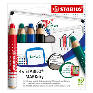 Stabilo markdry set van 4 whiteboard potloden, puntenslijper en reinigingsdoekje