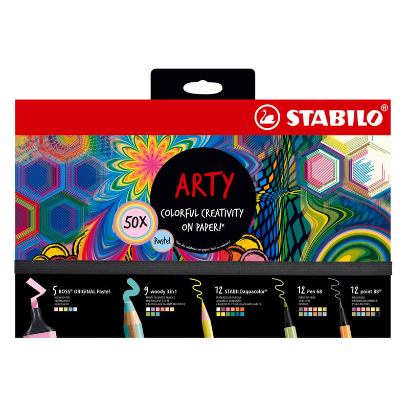 Afbeelding laden in galerijviewer, Stabilo boss original, woody 3 in 1, aquacolor, pen 68 en point 88 - creative arty mix set in luxe box - met 50 stuks
