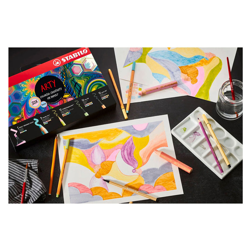 Afbeelding laden in galerijviewer, Stabilo boss original, woody 3 in 1, aquacolor, pen 68 en point 88 - creative arty mix set in luxe box - met 50 stuks
