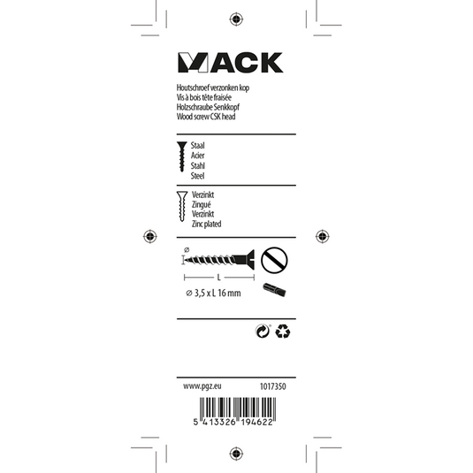 Mack 1017350 - houtschroef verzonken kop verz27 st 3,5 x 16 mm | 10 stuks