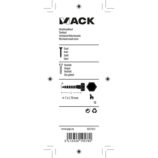 Mack 1017411 - houtdraadbout staal verzinkt 6 st 7 x 70 mm | 5 stuks