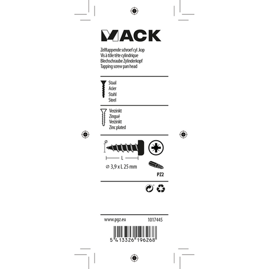 Mack 1017445 - zelftappende schroef cyl kop verz. 18st 3,9 x 25 mm | 10 stuks