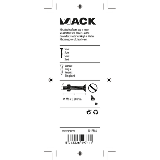Mack 1017508 - metaalschroef verz. kop + moer verz. 10st m6 x 20 mm | 10 stuks