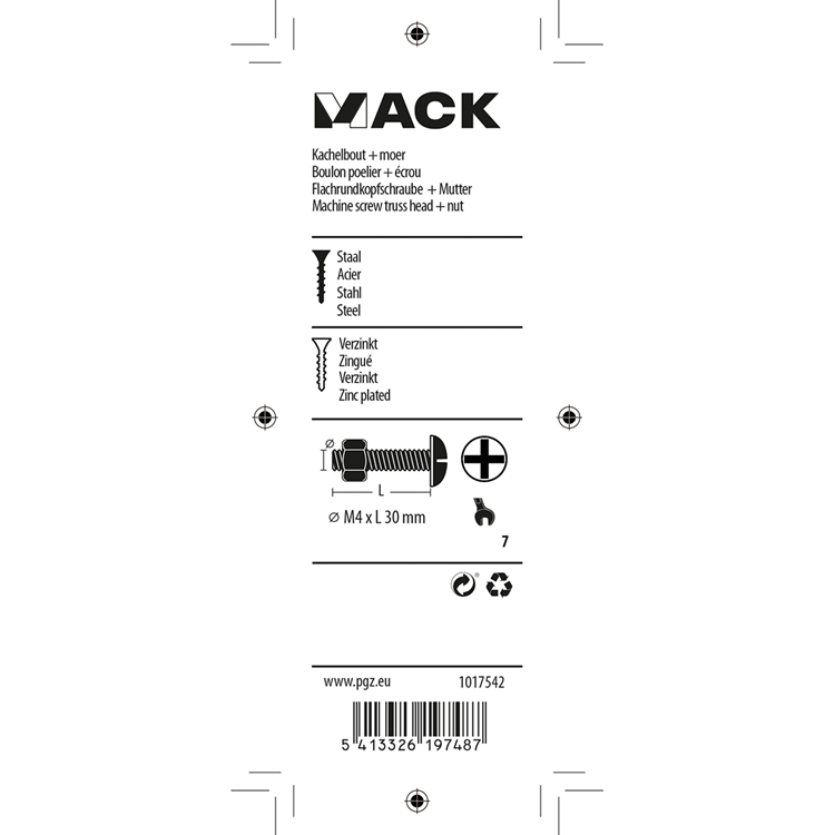 Afbeelding laden in galerijviewer, Mack 1017542 - kachelbout + moer staal verzinkt 16 st m4 x 30 mm | 10 stuks
