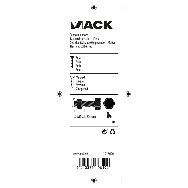 Afbeelding laden in galerijviewer, Mack 1017606 - tapbout + moer staal verzinkt 13 st m6 x 25 mm | 10 stuks
