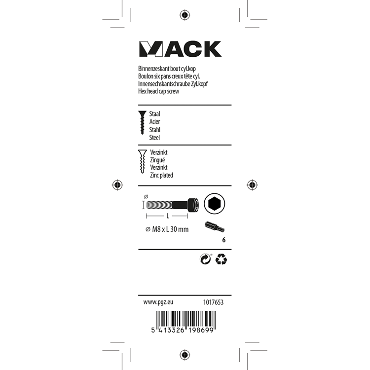 Afbeelding laden in galerijviewer, Mack 1017653 - binnenzeskant bout cyl.kop verz. 4 st m8 x 30 mm | 10 stuks
