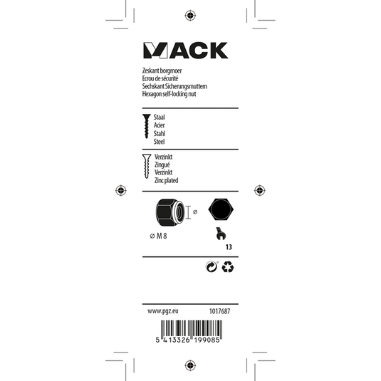 Mack 1017687 - zeskant borgmoer staal verzinkt 12 st m8 | 10 stuks