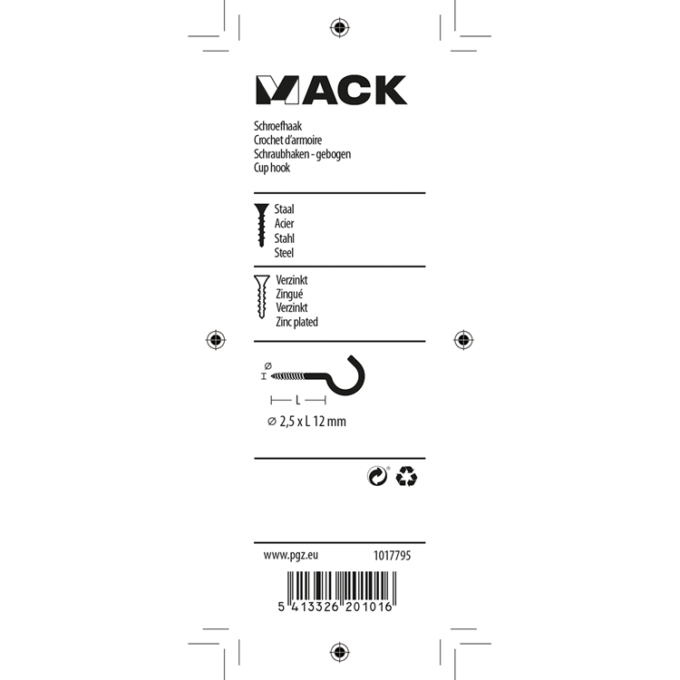 Afbeelding laden in galerijviewer, Mack 1017795 - schroefhaak staal verzinkt 18st 2,5 x 12 mm | 10 stuks
