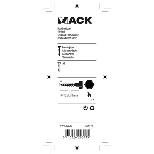 Mack 1019776 - houtdraadbout roestvrijstaal 2st 10 x 70 mm | 10 stuks
