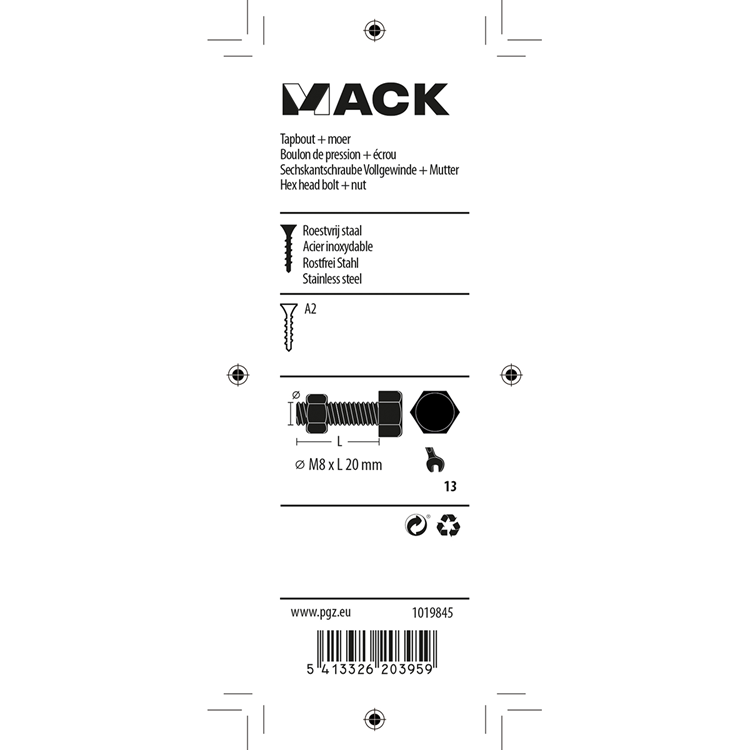 Afbeelding laden in galerijviewer, Mack 1019845 - tapbout + moer roestvrijstaal 2 st m8x20 | 10 stuks
