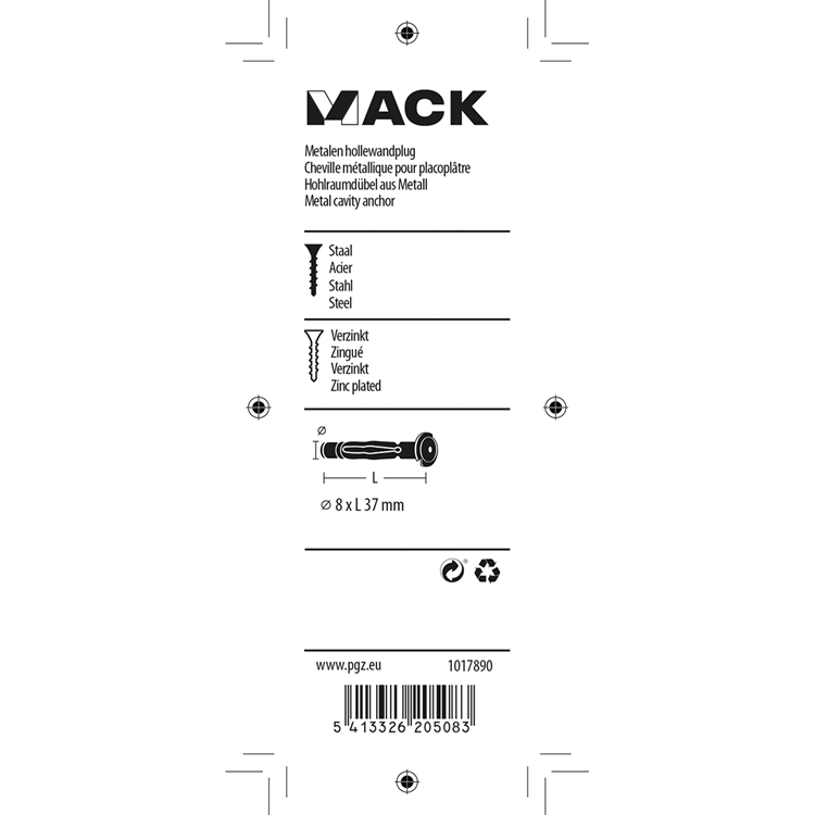 Afbeelding laden in galerijviewer, Mack 1017890 - metalen hollewandplug verzinkt4 st 8 x37 mm | 10 stuks
