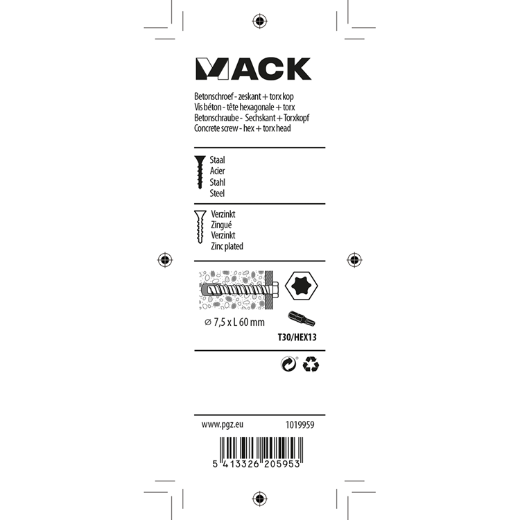 Afbeelding laden in galerijviewer, Mack 1019959 - betonschroef verzinkt 6kant 4st 7,5 x 60 mm | 5 stuks
