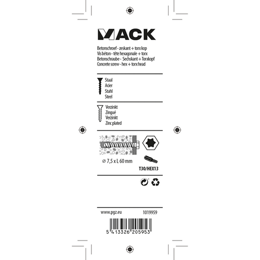 Mack 1019959 - betonschroef verzinkt 6kant 4st 7,5 x 60 mm | 5 stuks