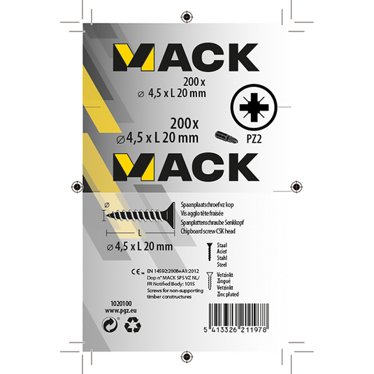 Mack 1020100 - spaanplaatschroef vz kop geel vz 200 st 4,5 x 20 mm | 5 stuks