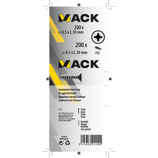 Mack 1020102 - spaanplaatschroef vz kop geelvz 200 st 4,5 x 30 mm | 5 stuks