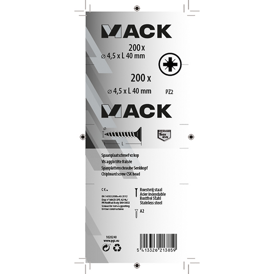 Mack 1020240 - spaanplaatschroef vz kop inox a2 200 st 4,5 x 40 mm | 2 stuks