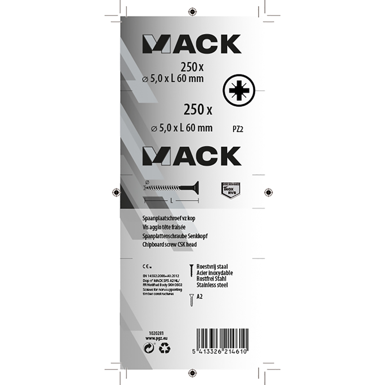 Afbeelding laden in galerijviewer, Mack 1020281 - spaanplaatschroef vz kop inox a2 250 st 5,0 x 60 mm | 2 stuks
