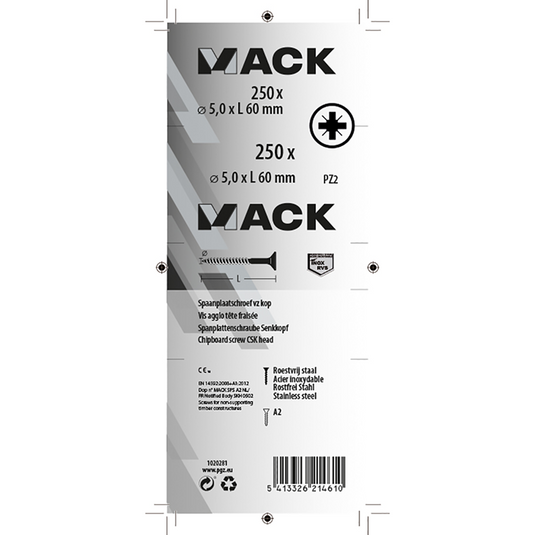Mack 1020281 - spaanplaatschroef vz kop inox a2 250 st 5,0 x 60 mm | 2 stuks