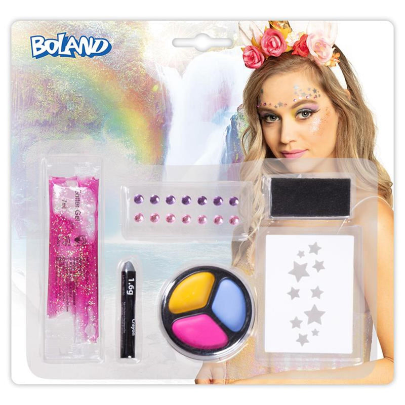 Afbeelding laden in galerijviewer, Boland make-up kit eenhoorn (sjabloon, stickervel met 14 edelstenen, vetschmink, glittergel en spons)
