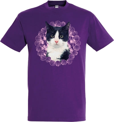 Afbeelding laden in galerijviewer, T-shirt kat zwart wit paars
