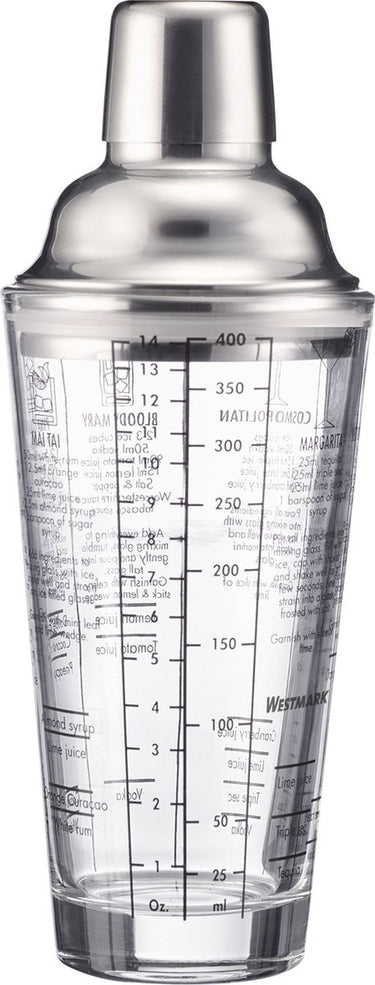 Westmark cocktailshaker sam – shaker met schaalverdeling en zeefje, professionele cocktailmixer, bar accessoires, inclusief recepten – roestvrij staal, glas, 400ml