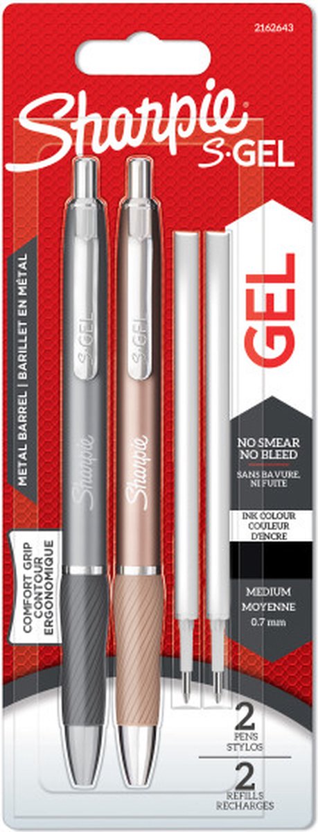 Sharpie s-gel | metalen gelpennen | mediumpunt (0,7 mm) | staalgrijs en roodgoud | zwarte inkt | 2 pennen en 2 navullingen voor gelpennen