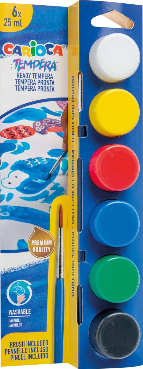 Carioca plakkaatverf tempera - primaire kleuren - 6 x 25 ml - inclusief penseel - uitwasbaar - gouache verfset voor kinderen - direct klaar voor gebruik