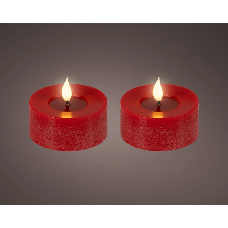 Afbeelding laden in galerijviewer, Lumineo realistische led theelicht met vlam effect ø7,5x6cm rood met 6uur timer werkt op batterij- 2 stuks
