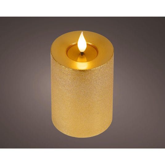 Lumineo realistische led kaars met wax pit en vlam effect ø7.5x13,5cm goud met 6uur timer werkt op batterij