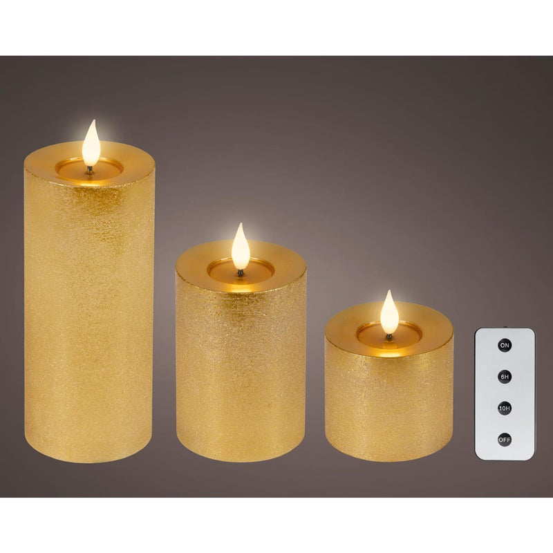 Afbeelding laden in galerijviewer, Lumineo 3-delig realistische led kaars met wax pit en vlam effect ø7.5 hoogte 9,5-13,5-20cm goud met timer werkt op afstandsbediening en batterij
