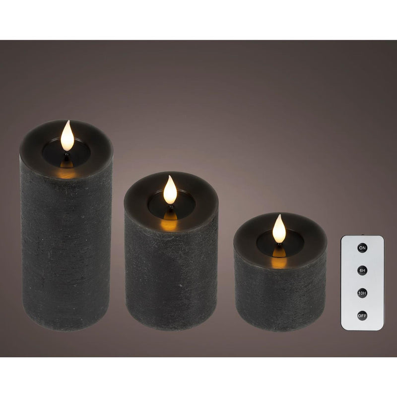 Afbeelding laden in galerijviewer, Lumineo 3-delig realistische led kaars met wax pit en vlam effect ø7.5 hoogte 9,5-13,5-20cm zwart met timer werkt op afstandsbediening en batterij
