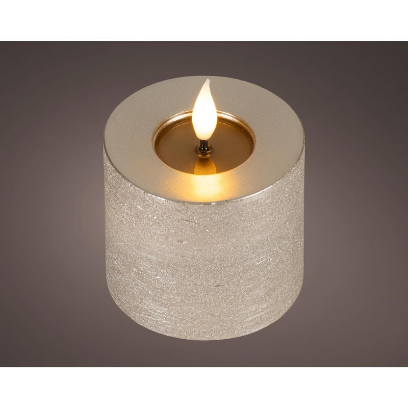 Afbeelding laden in galerijviewer, Lumineo realistische led kaars met wax pit en vlam effect ø7.5x9,5cm licht grijs met 6uur timer werkt op batterij
