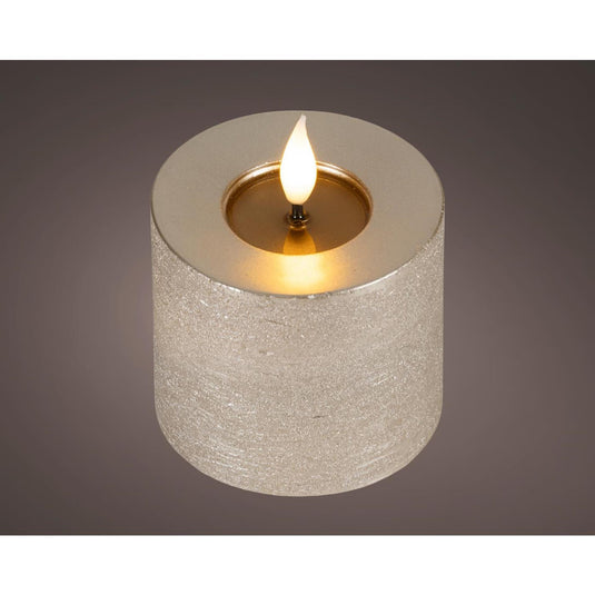 Lumineo realistische led kaars met wax pit en vlam effect ø7.5x9,5cm licht grijs met 6uur timer werkt op batterij