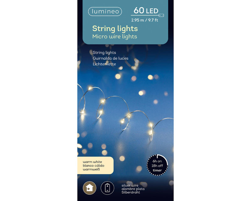 Afbeelding laden in galerijviewer, Lumineo strengverlichting micro led 60 lamps voor binnen op batterij met timer 295cm
