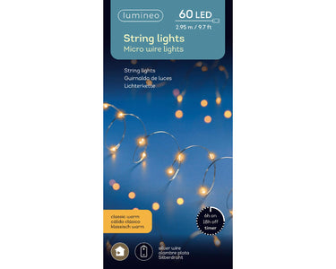 Lumineo micro led stringlights 60 lamps classic warmwit op batterij met timer 295cm