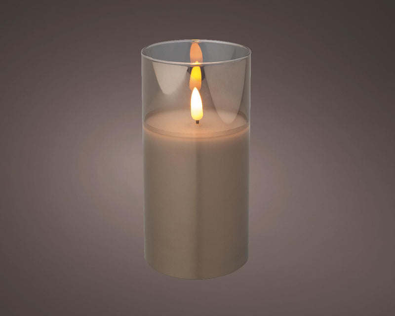 Afbeelding laden in galerijviewer, Lumineo led kaars in glas voor binnen met vlameffect en timer dia7,5x15cm rook grijs
