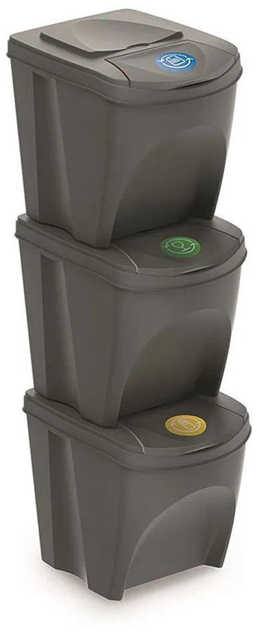 Prosperplast set van 3x kunststof afvalscheidingsbakken grijs van 25 liter - scheidingsprullenbakken