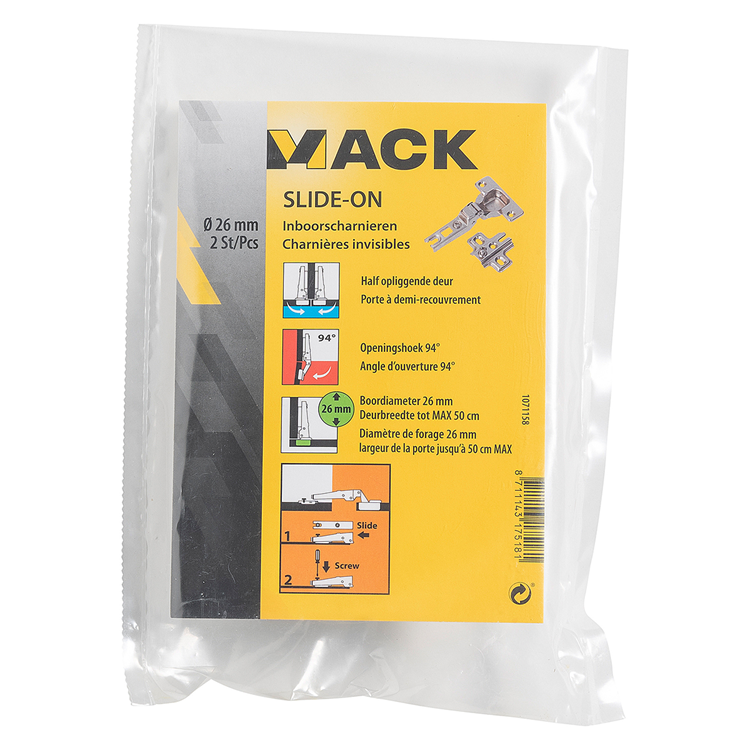 Afbeelding laden in galerijviewer, Mack 1071158 - 2 inboorscharnieren slide on 26mm 110° half opliggende deur | 5 stuks
