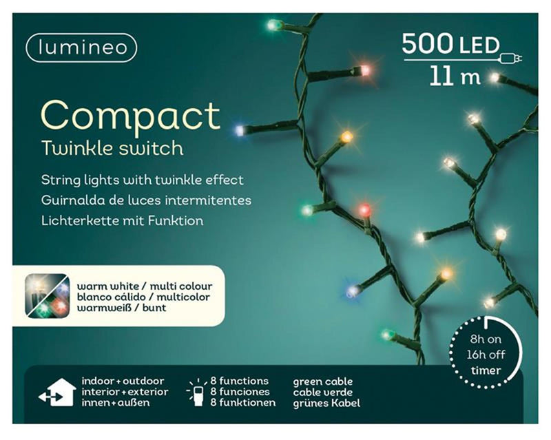 Afbeelding laden in galerijviewer, Lumineo led compact lights 500l 1100cm colour changing. 8 functie twinkel effect en 8 uur timer

